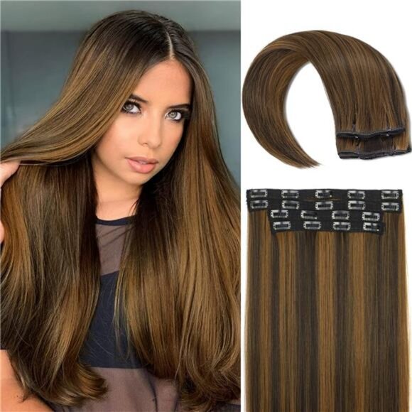 4PCS Clip in Long Soft Hair Extensions Synthetic Dark Brown mix Chestnut Blonde